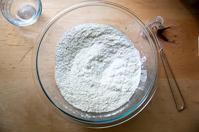 Dry ingredients to make baguettes whisked together.