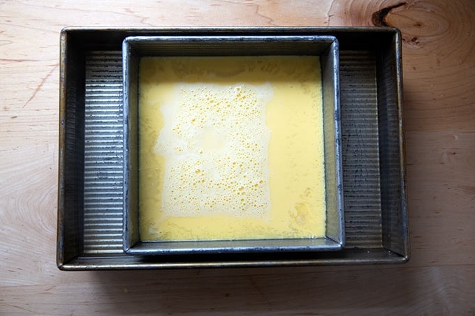 Egg custard unbaked in a pan.