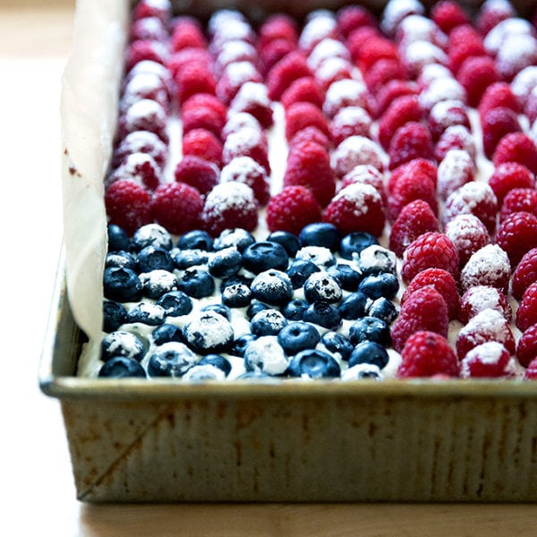 A just-baked flag cake.