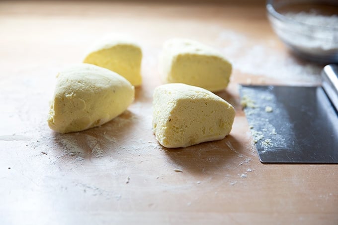 Ricotta gnocchi dough cut into fourths.