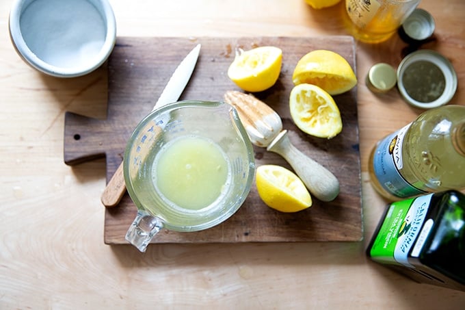 Freshly squeezed lemon juice in a liquid measure.