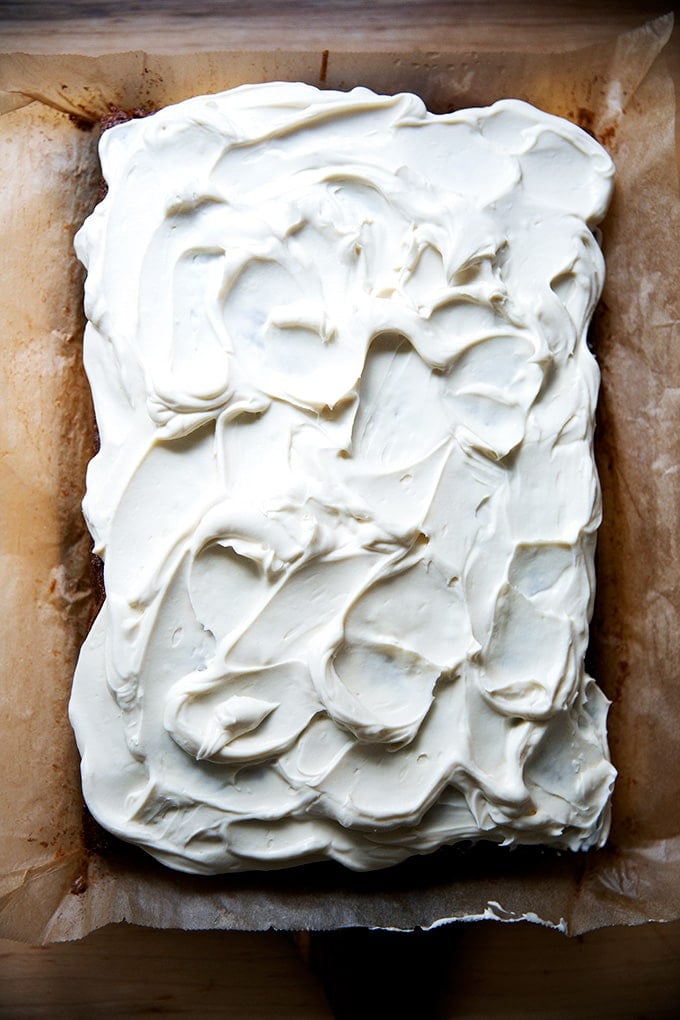 A frosted carrot cake.