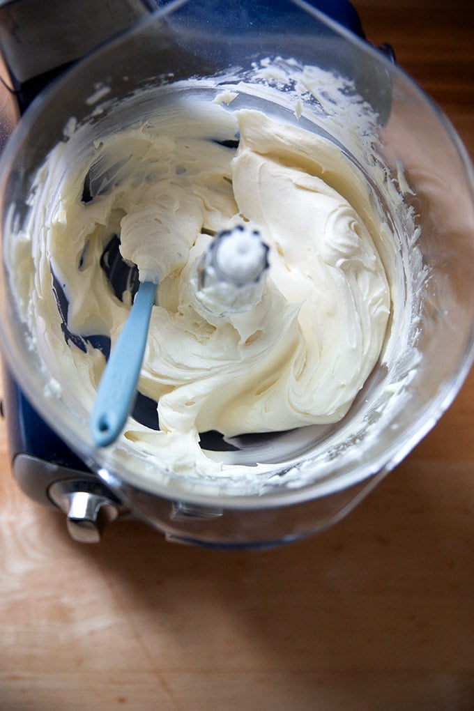 Finished whipped cream - cream cheese frosting in a stand mixer.
