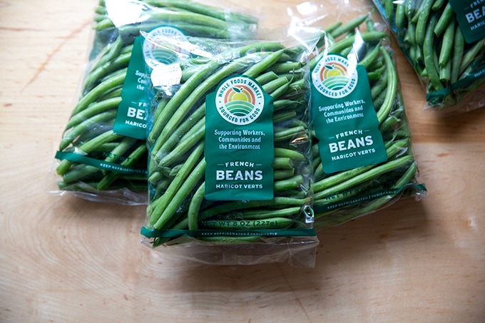 Bags of French green beans (haricot verts).