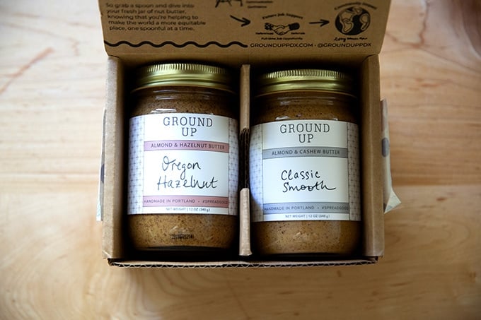 Two jars of nut butters.