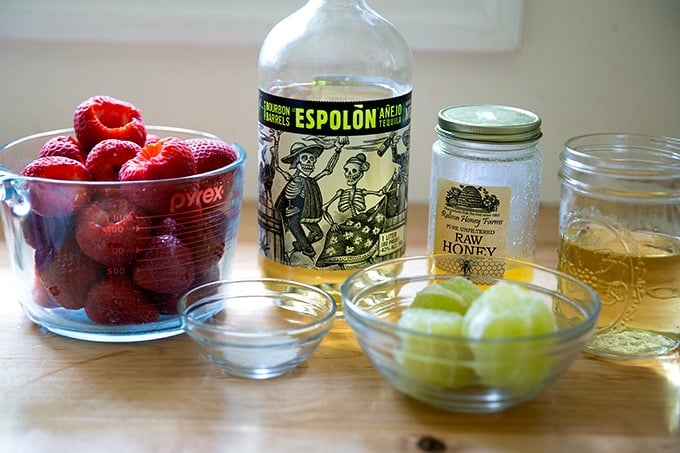 Ingredients to make Strawberry Paloma Slushies. 