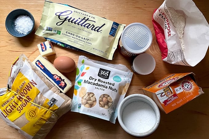Ingredients to make white chocolate-macadamia nut cookies.