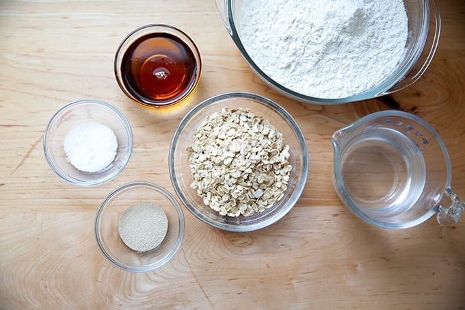 Ingredients to make oatmeal maple bread.