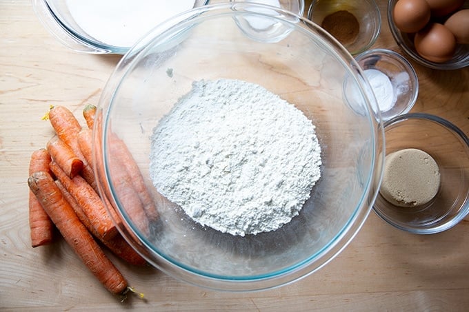 Ingredients to make carrot cake.