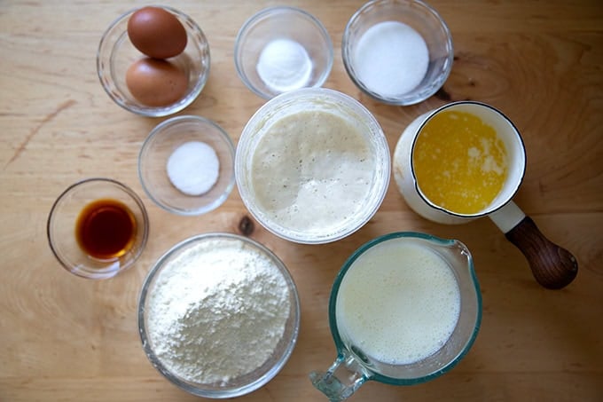 The ingredients to make sourdough discard waffles on a countertop.