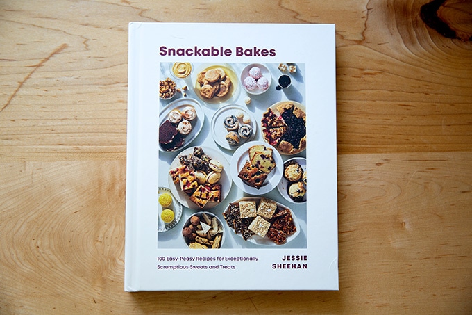 Snackable Bakes cookbook on a countertop.