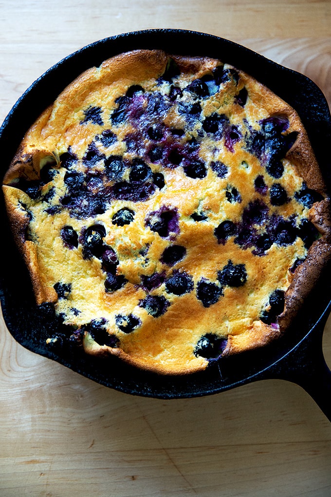 Just-baked blueberry Dutch baby.