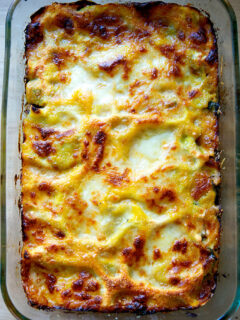 Just-baked butternut squash lasagna with greens and mushrooms.