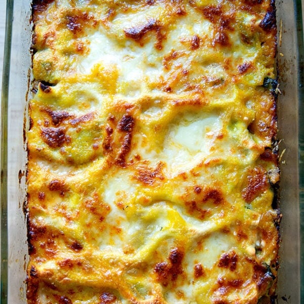 Just-baked butternut squash lasagna with greens and mushrooms.
