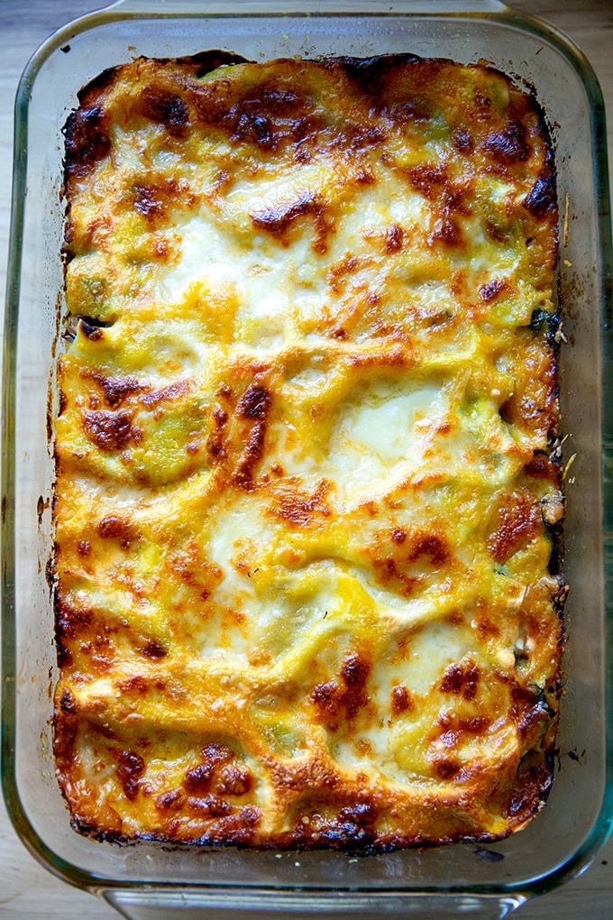 Just-baked butternut squash lasagna with greens and mushrooms.