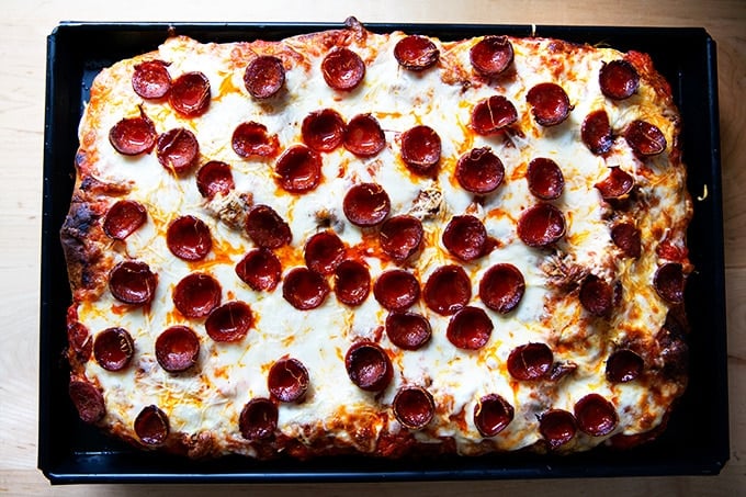 Just-baked Sicilian-style pepperoni pizza. 