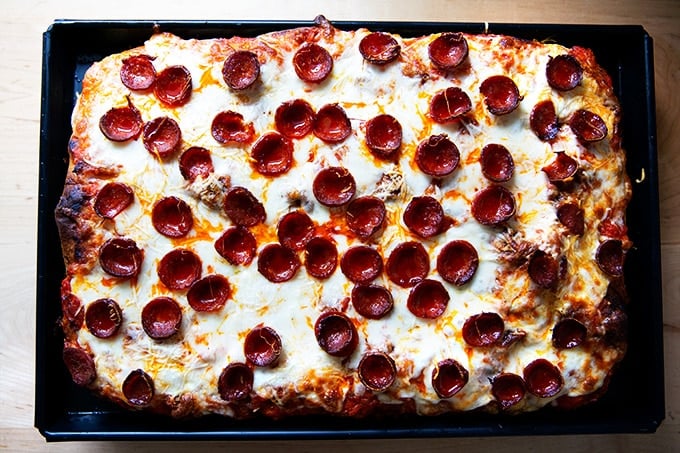 Scrumptious, Homemade Sicilian Pizza with Shaved Delicata, Salami