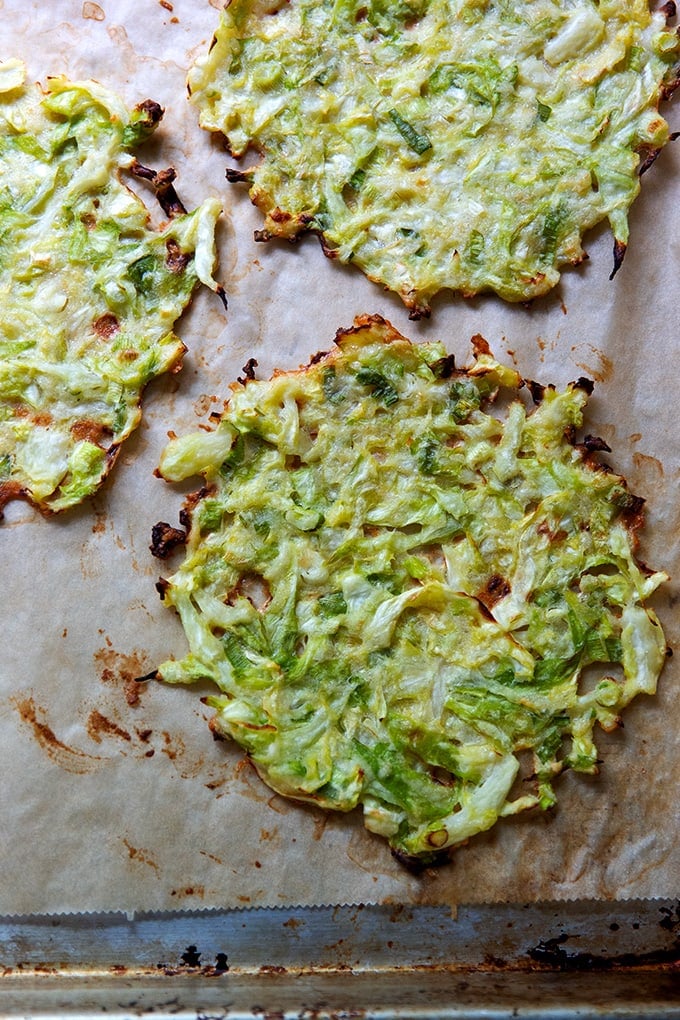 Just-baked cabbage tortillas on a sheet pan.