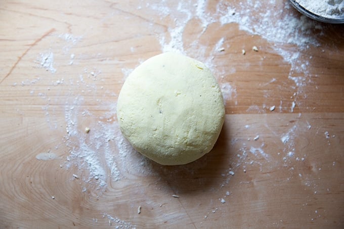 Ricotta gnocchi dough kneaded into a ball.