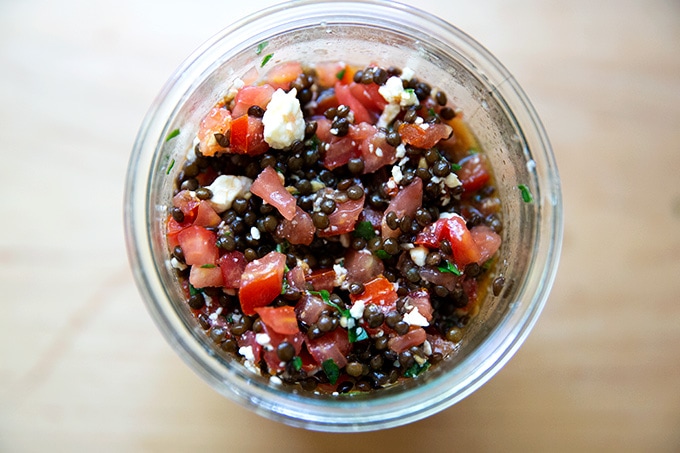A jar of homemade Trader Joe's 3-ingredient lentil salad.