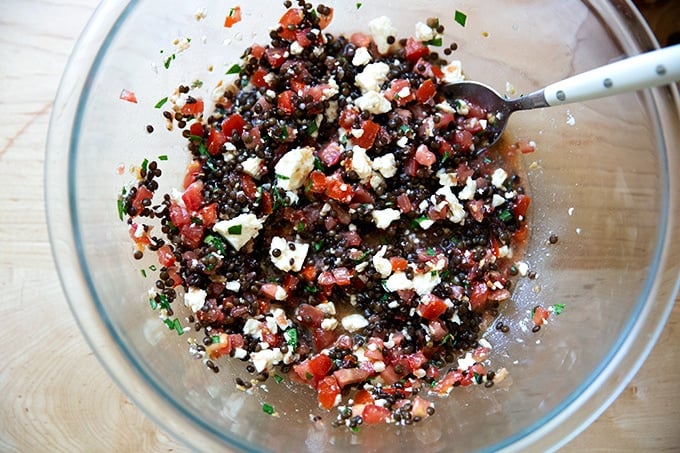 A bowl of Trader Joe's homemade 3-ingredient lentil salad.