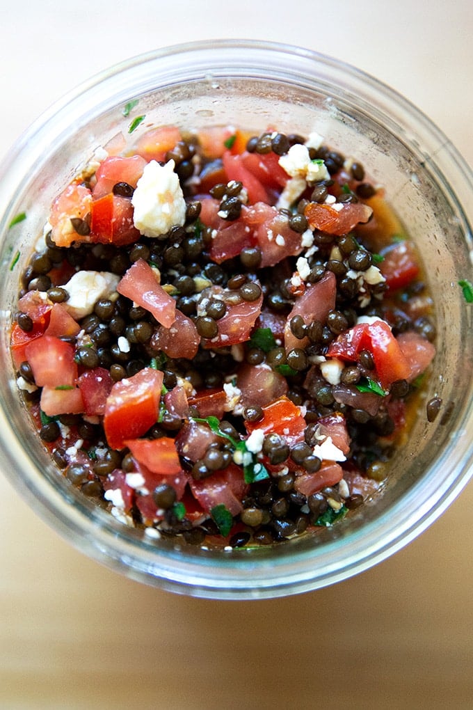 A jar of homemade Trader Joe's Lentil Salad.