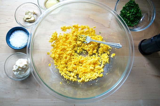 A bowl of mashed hard-cooked egg yolks.