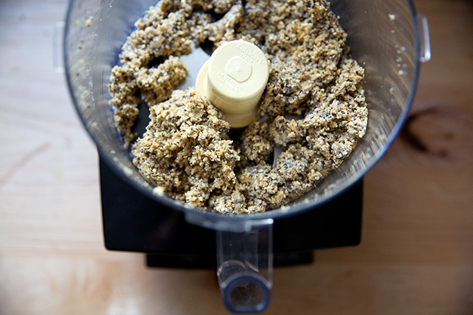 No-bake granola bar dough in a food processor.