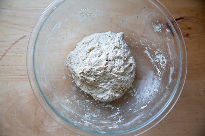 Rye bread dough mixed and ready to rise.