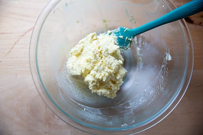 Ricotta gnocchi dough mixed in a bowl.