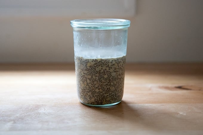 A Weck jar filled with the overnight chia oats.