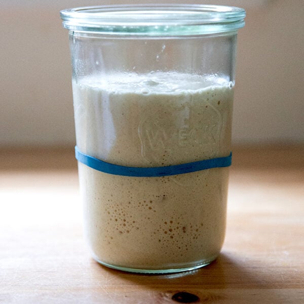A Weck jar holding sourdough starter doubled in volume.