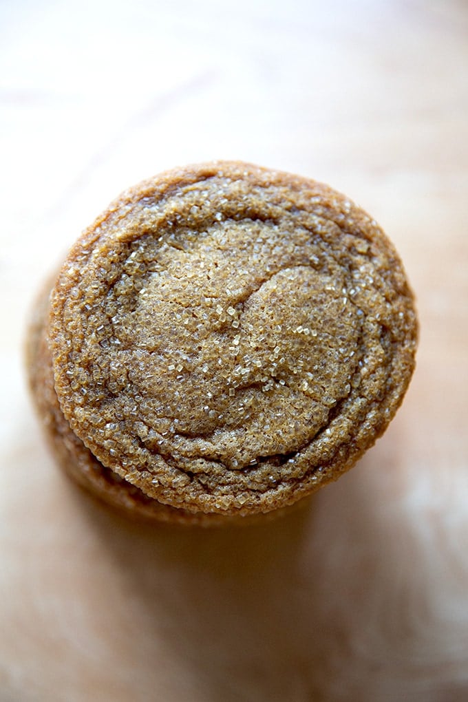 An overhead view of a stack of gingersnap cookies.