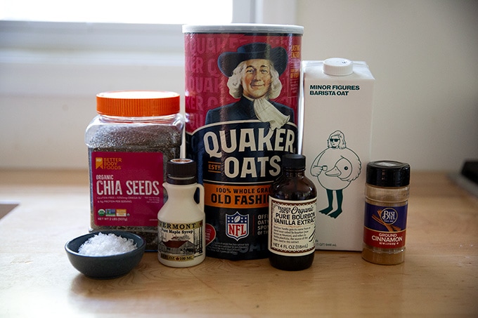 The ingredients to make overnight chia oats on a counter top.