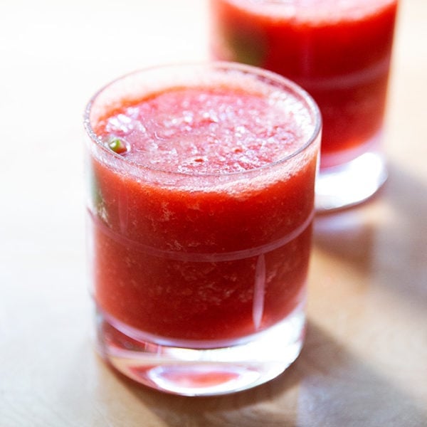 Strawberry paloma slushie in two glasses.