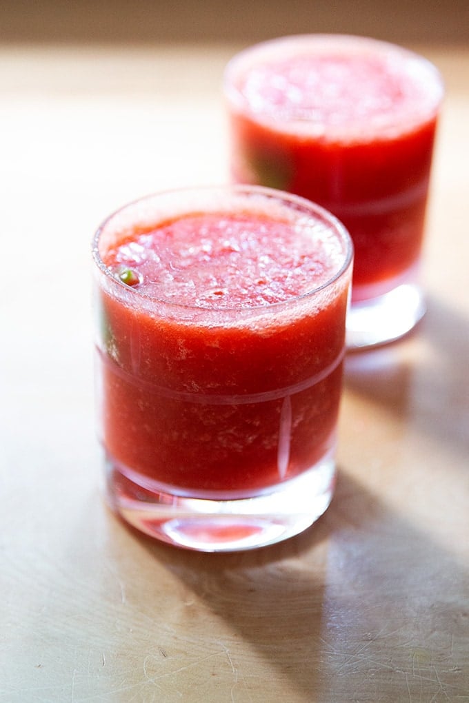 Strawberry paloma slushie in two glasses.