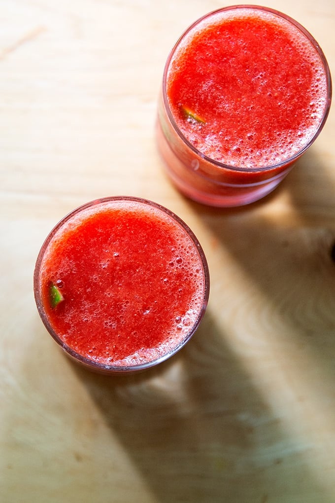 Strawberry paloma slushie in two glasses.