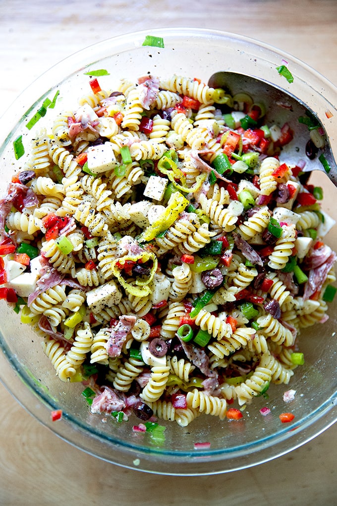 A bowl of deli-style pasta salad.