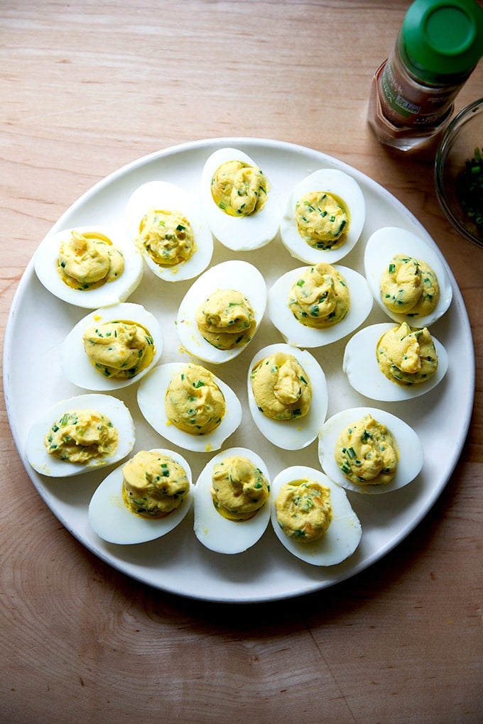 A plate of deviled eggs, ungarnished.