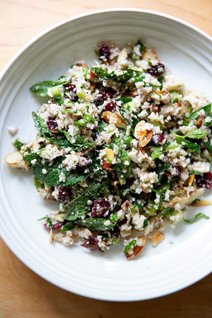 A bowl of cauliflower couscous salad.