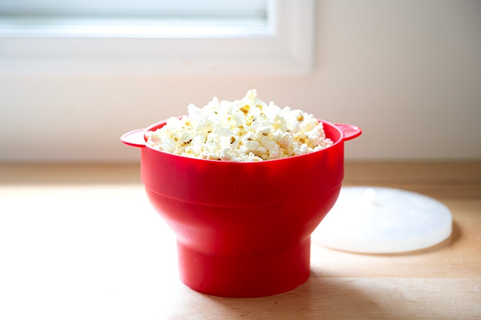 A bowl of popped popcorn.