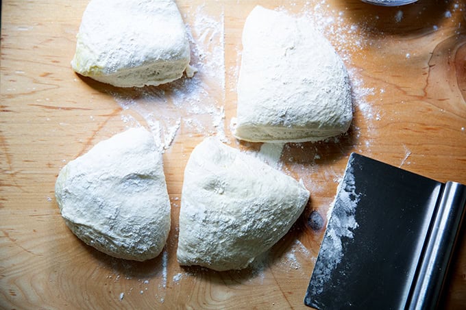 Baguette dough portioned into 4 pieces.