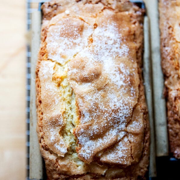 Just-baked pound cake on a cooling rack.