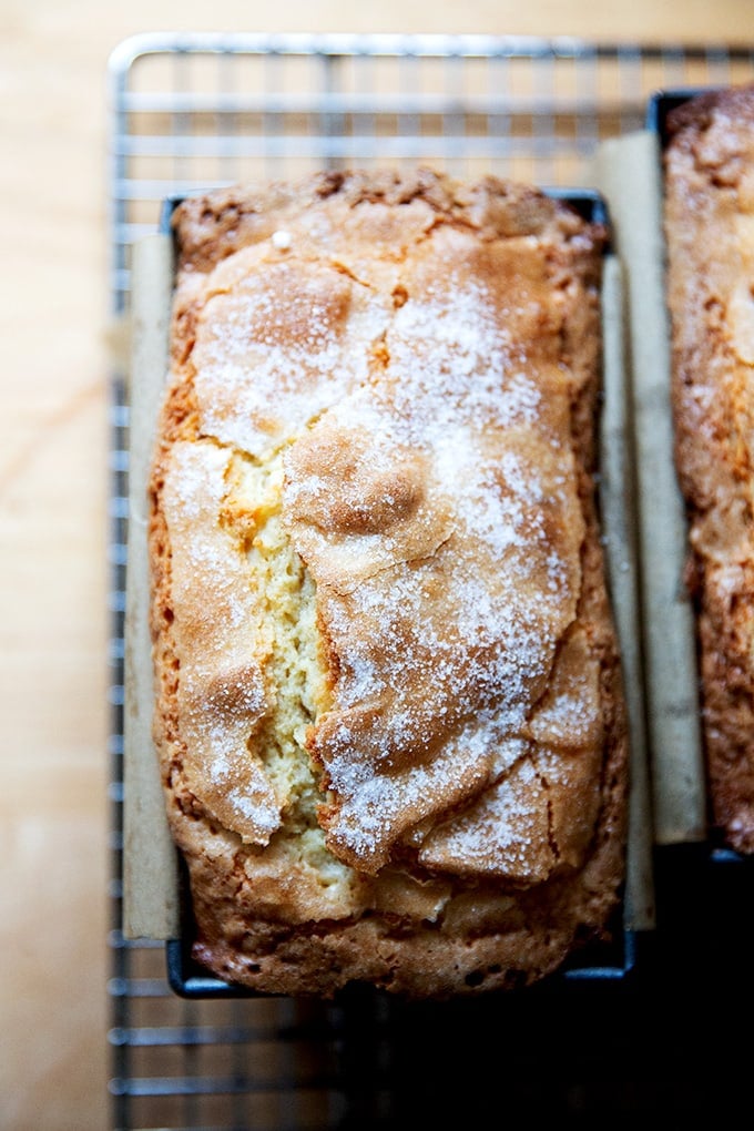 Just-baked pound cake on a cooling rack.