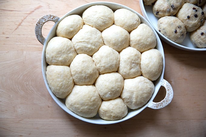 Hot cross bun dough balls in a circular baking pan.