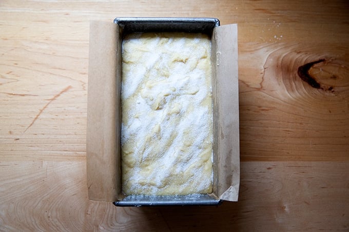 An unbaked pound cake ready for the oven.
