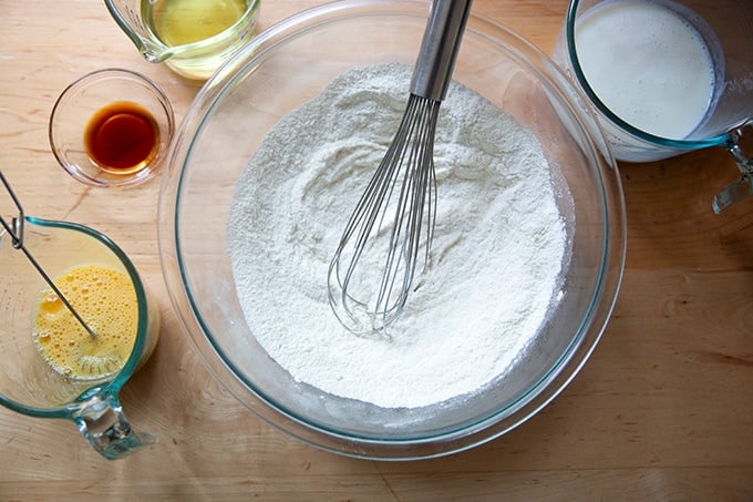 The dry ingredients whisked together for a flag cake.