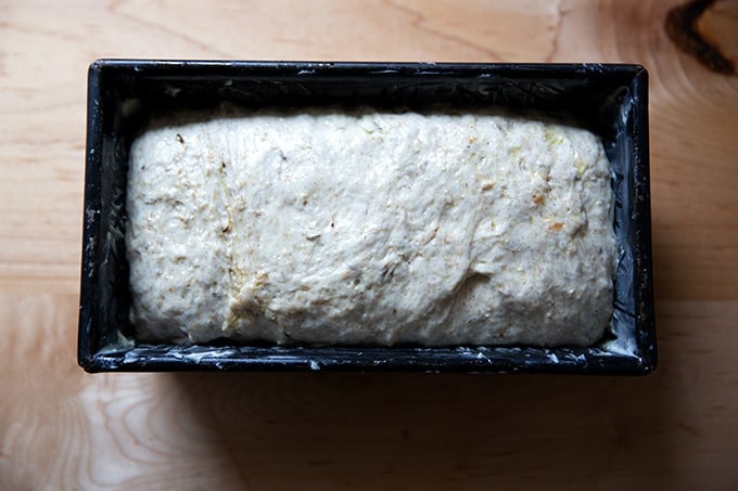 Rye dough in a loaf pan ready to rise.