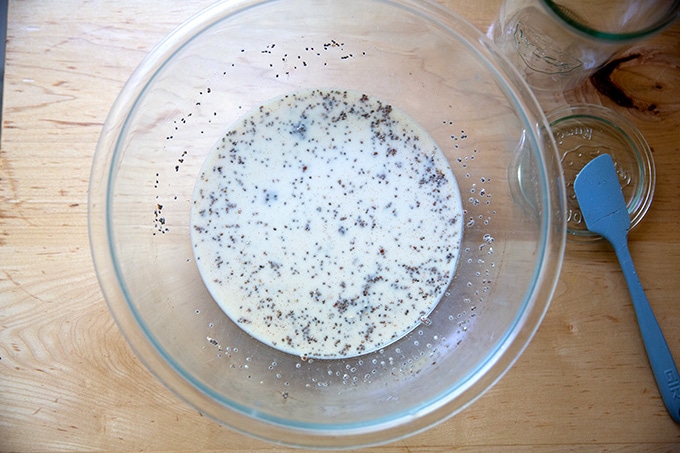 A large bowl filled with the ingredients to make overnight chia oats all mixed together.