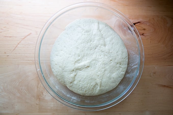Risen pretzel dough in a bowl.